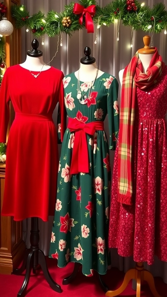 A variety of Christmas dresses in red, green, and sparkly styles displayed with festive decorations.